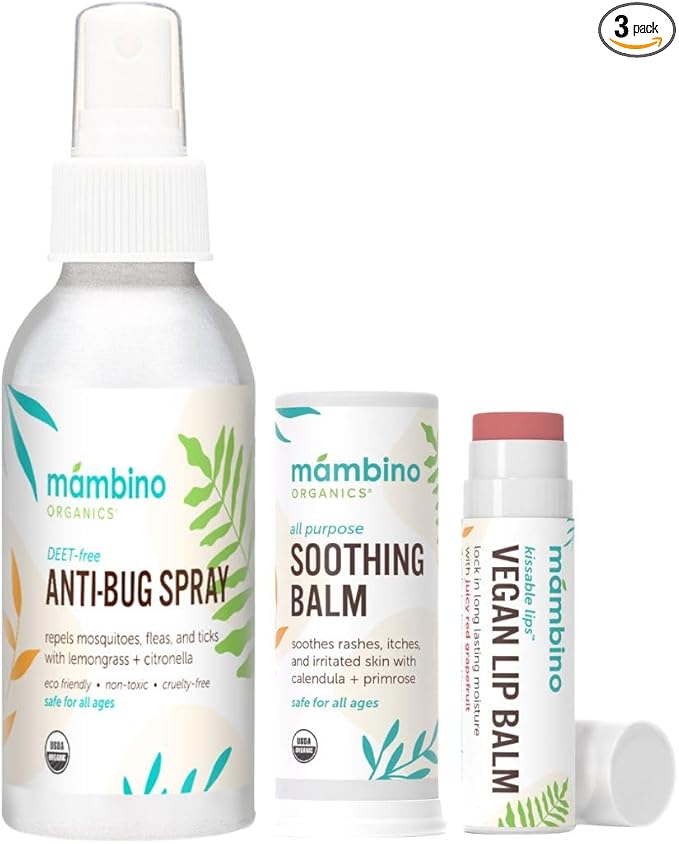 Mambino Organics Outdoor Set, DEET-Free Anti-Bug Spray, Soothing Balm, Vegan Lip Balm, Organic Ingredients, No Animal Testing, 4 fl oz