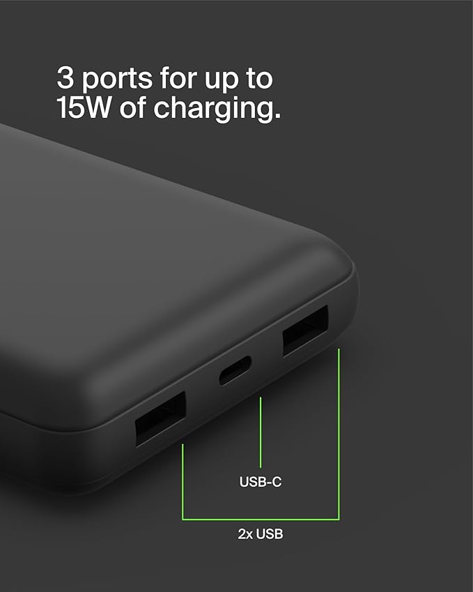Belkin Portable Charger, USB-C Power Bank 20000 mAh w/ 2 USB-A Ports, 15W w/ Type-A to Type-C Cable - iPhone 17, Air, Pro, Pro Max, AirPods, Apple Watch, Samsung Galaxy S25, Google Pixel 10 - Black
