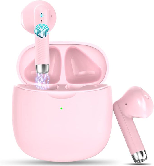 Wireless Earbuds, Bluetooth 5.4 Headphones in Ear with Noise Cancelling Mic, Bluetooth Earbuds Stereo Bass, IP7 Waterproof Sports Earphones, 32H Playtime USB C Charging Ear Buds Pink for Android iOS