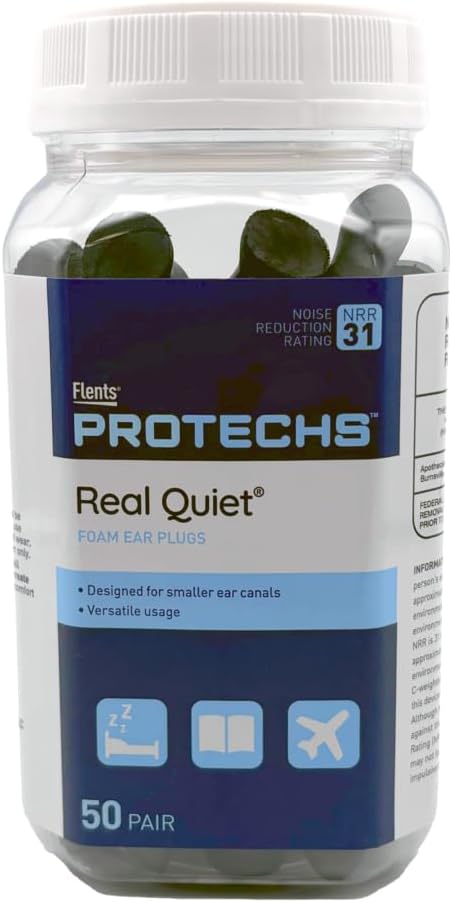 Flents Protechs Real Quiet Foam Ear Plugs for Small Ear Canals, Soft, Comfortable Hearing Protection for Sleep, Work, Travel & Loud Noise, NRR 31, Easy to Use, Black, 50 Pairs