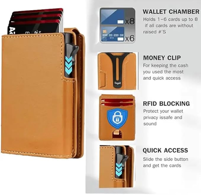 Smart Bifold Airtag Wallet for Men – RFID Blocking Pop-Up Bifold Credit Card Holder with ID Window, Slim Aluminum Case Fits 12+ Cards, Coffee Brown, Comes in a Gift Box (Premium Camel Brown)