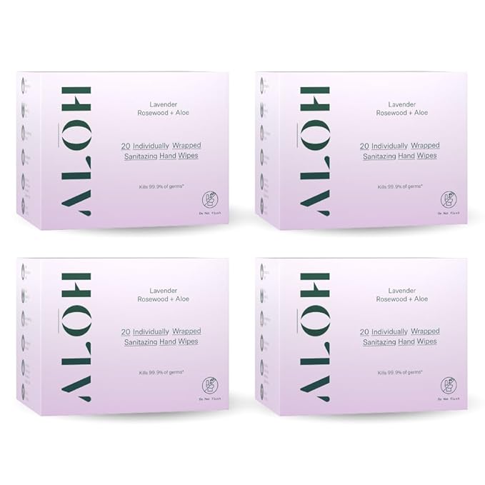 ALŌH Skin- Softening Sanitizing Hand Wipes – Lavender Rosewood + Aloe- 4 boxes of 20ct Individually Wrapped Wipes (80 Wipe)