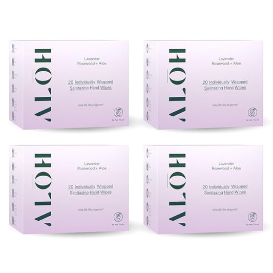 ALŌH Skin- Softening Sanitizing Hand Wipes – Lavender Rosewood + Aloe- 4 boxes of 20ct Individually Wrapped Wipes (80 Wipe)