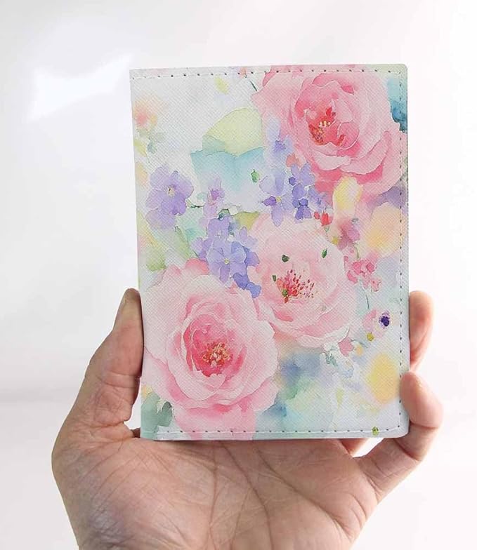 Pink Flowers Passport Holder for Travel Watercolor Leaves PU Leather Passport Cover Wallet Cute Passport Card Holder for Women and Men