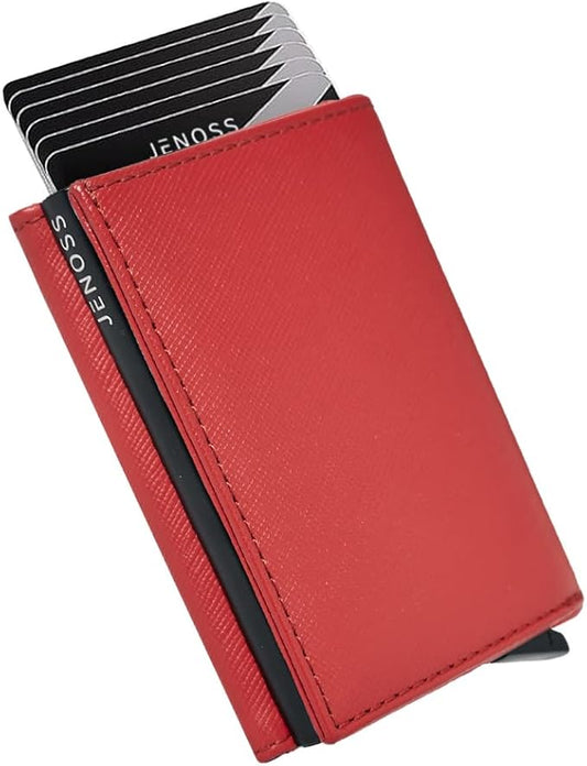Jenoss Smart Wallet For Men & Women: Full Grain Leather, Handcrafted, Slide Metal Pop Up Case, Slim RFID Blocking Credit Card Holder Minimalist Compact 12 Cards Slot Organizers ID Clip (Red & Black)