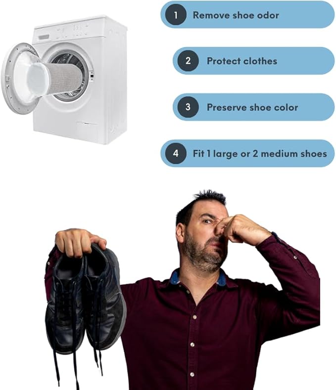 Shoe Washing Machine Bag for 1 Large Pair Shoes – Eliminate Sports Shoe Odor with Reusable Laundry Shoe Bags and Protect Clothes - White Mesh Shoe Bag for laundry items