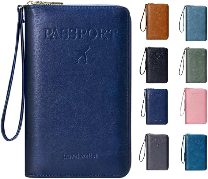 Multi-Functional RFID Passport Wallet,Travel Wallet for Men & Women,With zipper, anti-theft passport holder，Slim Leather Cover for Credit Cards, Tickets, Cash (Dark blue)
