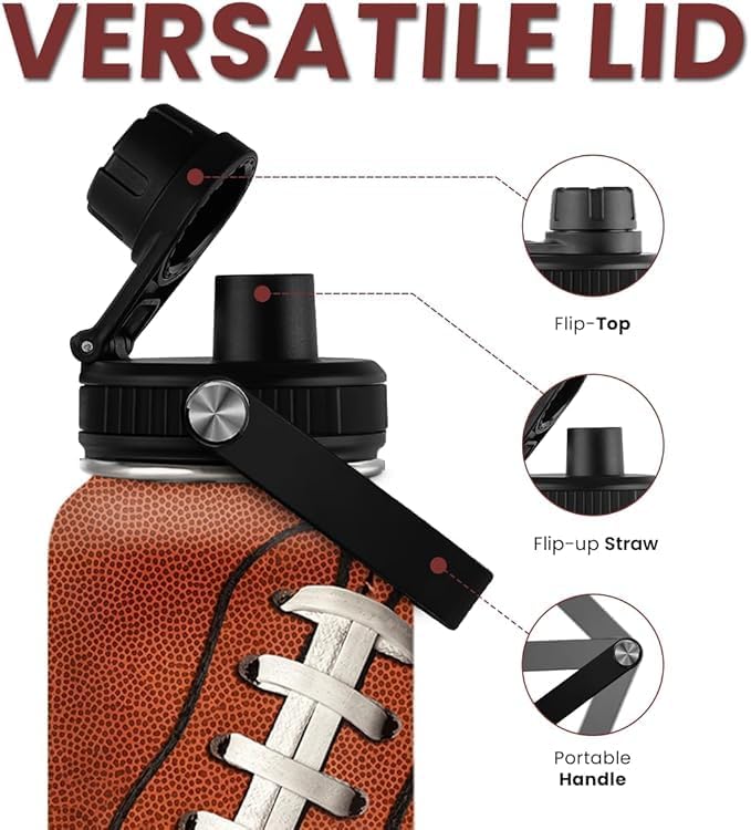 Football Water Bottle - 32oz Insulated Stainless Steel Sports Bottles - Gifts for Men Football Lovers Fan Players