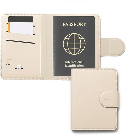 LHiDS Leatherette Passport Holder with RFID Protection, Premium PU Leather, Snap Button Closure, Travel Passport Wallet Cover for Passport, Boarding Passes, Business Cards, Cash (Apricot)