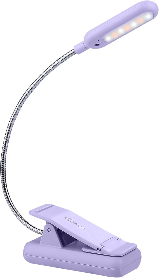 VAVOFO Rechargeable Book Light for Reading in Bed Kids, 7 LED Reading Light with 9-Level Warm Cool White Daylight, Eye Care Lamp with Power Indicator for Bookworms (Purple)