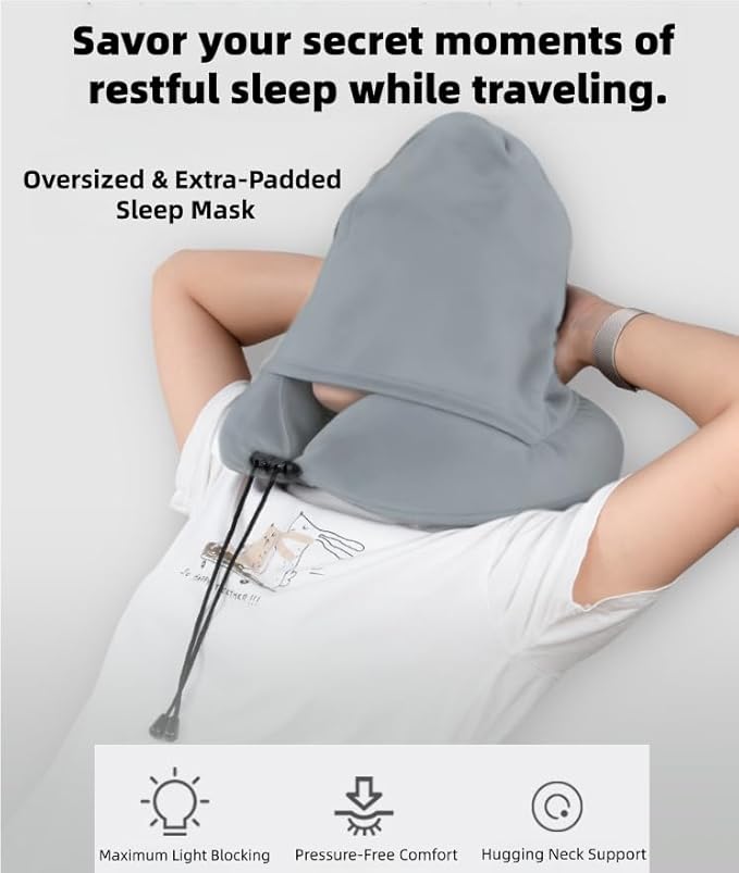 Travel Neck Pillow with Extra Large Hood Rollable Airplant Hooded Neck Pillow with Memory Foam Filling and Removable, Skin-Friendly Cover with a Carrying Pouch