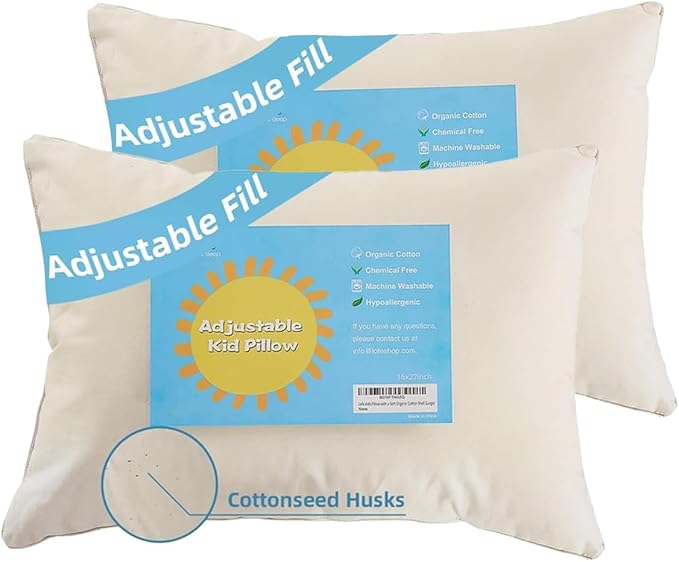 LOFE Organic Kids Pillow with Pillowcase - 16x22 Toddler Pillow with 100% Organic Cotton Shell, 2 Pack Adjustable Loft Youth Pillow, Machine Washable Organic plilow, Soft, Perfect for Kids&Youth