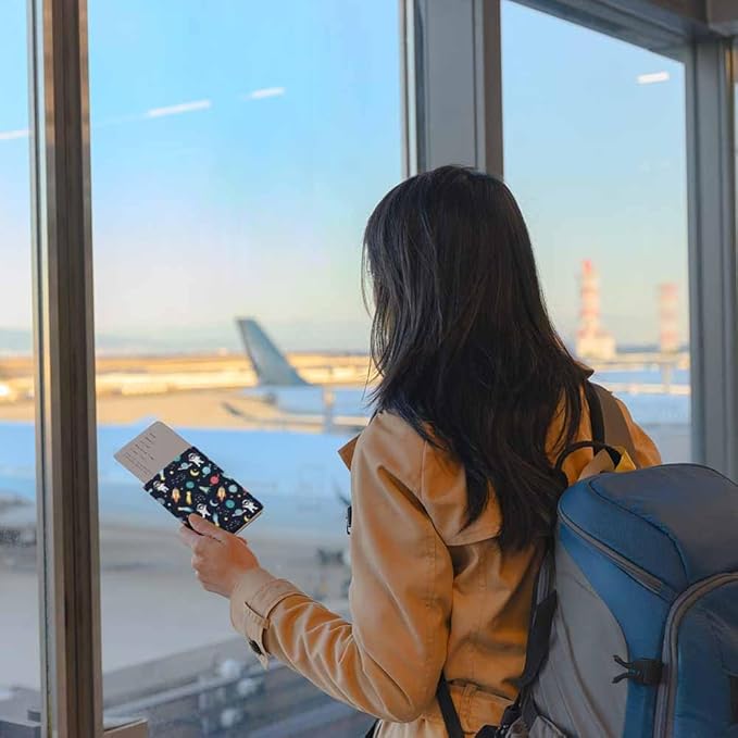 Space Passport Holder for Travel Astronaut Spaceship Rocket Moon Star Planet PU Leather Passport Cover Wallet Cute Passport Card Holder for Women and Men