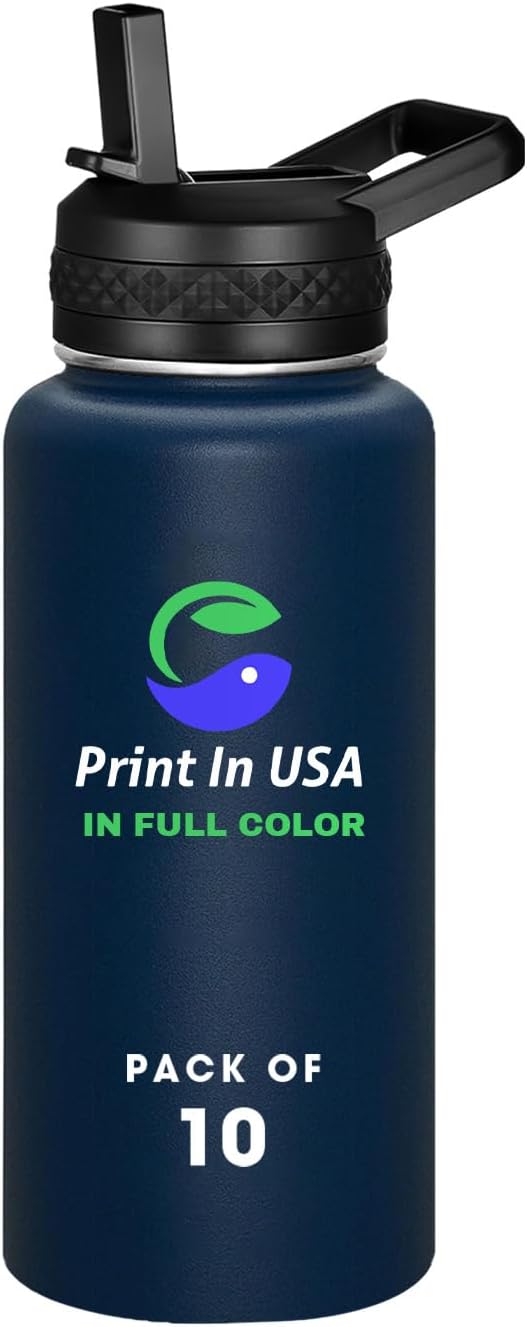Personalized Custom Water Bottle Print in USA 32oz Stainless Steel Double Wall Coffee Cup with Lid & Straw Insulated Tumbler with Colorful Text Logo Photo 10Pcs