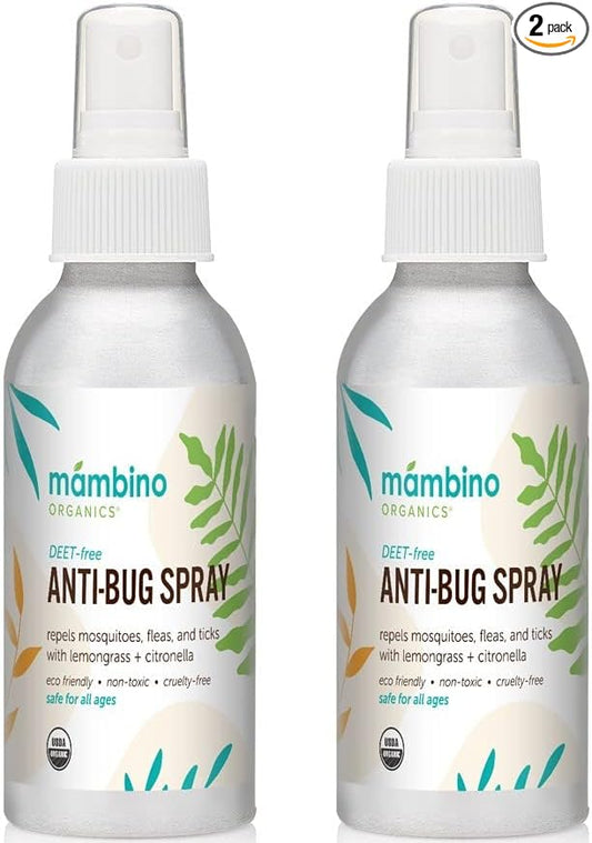 Mambino Organics Anti-Bug Spray, DEET-Free, Organic Mosquito Repellent with Essential Oils, Reef Safe, Face-Safe Protection for Babies, Kids, and Adults, Travel Bug Spray, 4oz, 2-Pack