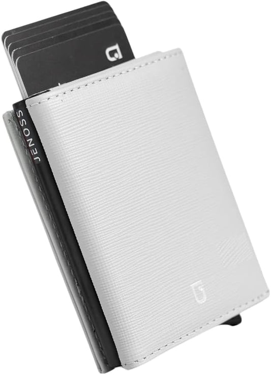 Jenoss Smart Wallet For Men & Women: Full Grain Leather, Handcrafted, Slide Metal Pop Up Case, Slim RFID Blocking Credit Card Holder Minimalist Compact 12 Cards Slot Organizers ID Clip (Grey & Black)