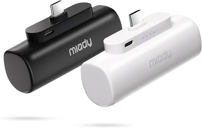 Miady 2-Pack 5000mAh Mini Portable Charger with Built-in Type C Connector, 5V 2.4A USB-C Output Fast Charging Small Power Bank, Compact Battery Pack Compatible with iPhone 17/16/15 Galaxy S24/S22 iPad