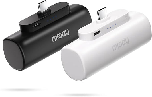 Miady 2-Pack 5000mAh Mini Portable Charger with Built-in Type C Connector, 5V 2.4A USB-C Output Fast Charging Small Power Bank, Compact Battery Pack Compatible with iPhone 17/16/15 Galaxy S24/S22 iPad