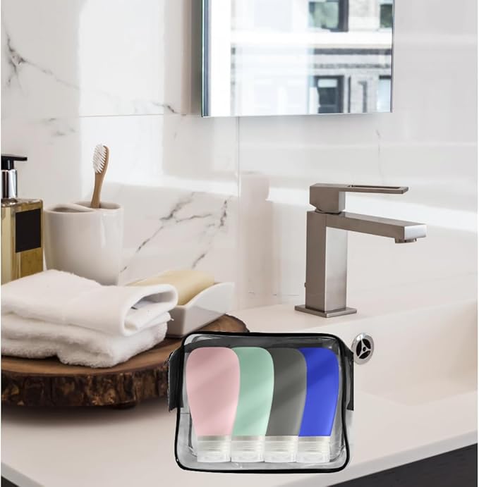 Travel Bottles for Toiletries, TSA Approved 3oz (90ml) Leak Proof Silicone Refillable Squeeze Travel Size Containers BPA Free for Cleansers, Lotions, Shampoo 4pk-With Bag (P,G,Blk,BL)