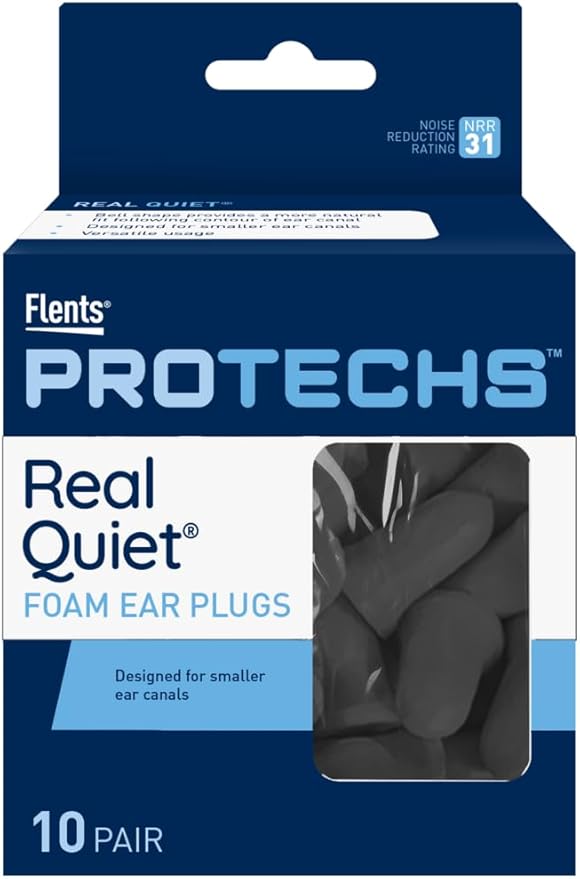 Flents Protechs Real Quiet Foam Ear Plugs for Small Ear Canals, Soft, Comfortable Hearing Protection for Sleep, Work, Travel & Loud Noise, NRR 31, Easy to Use, Black, 10 Pairs