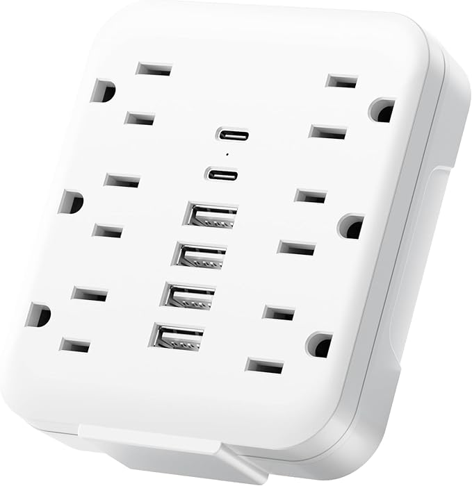 Multi Plug Wall Outlet Extender with USB Ports: 6 AC Outlets, 6 USB Ports (2 USB C), Wall Plug Power Strip, USB Plug Adapter for Wall Outlet, Outlet Splitter for Home Office Travel Cruise Essentials