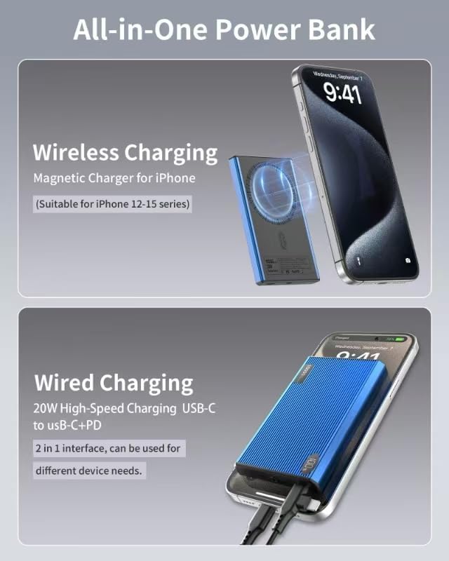 Portable Charger Power Bank, 10000mAh Wireless Charger iPhone with USB C to 20 W PD Fast Charging Cable, Mag-Safe Battery Pack Magnetic Charger for iPhone 17/16/15/14/13/12 Pro/Pro Max/Plus iPad
