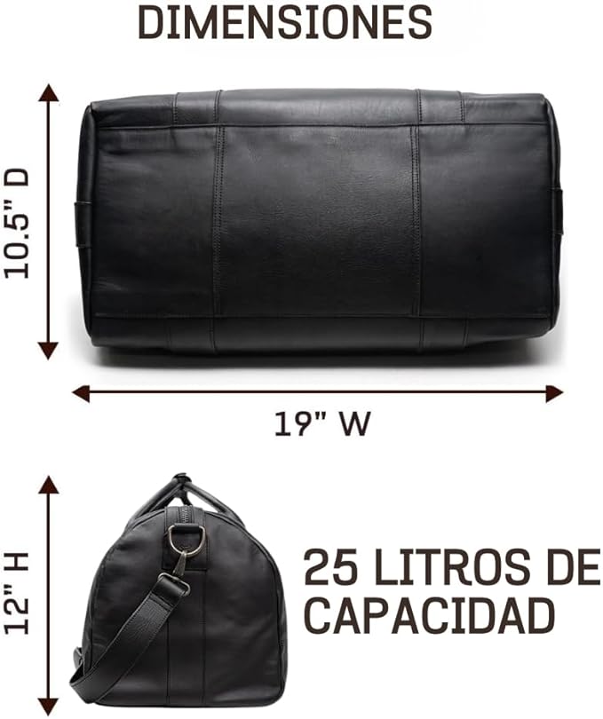 Full Grain Leather Duffle Bag – 25L Travel, Gym & Carry-On Weekender for Men | Handcrafted Overnight Bag with Brass Hardware, Black Style