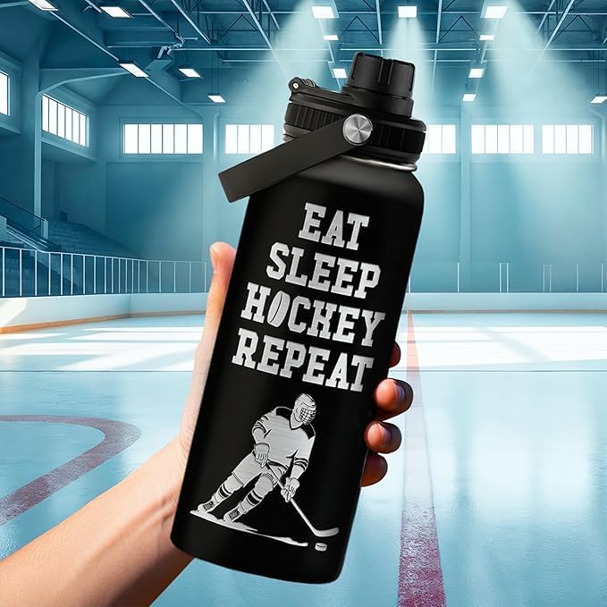 Ice Hockey Insulated Engraved Stainless Steel Water Bottle 32oz, Vacuum Chug Lid Travel Tumbler For Men Friends Hockey Lovers Fans Coaches, Gift for Birthday Christmas