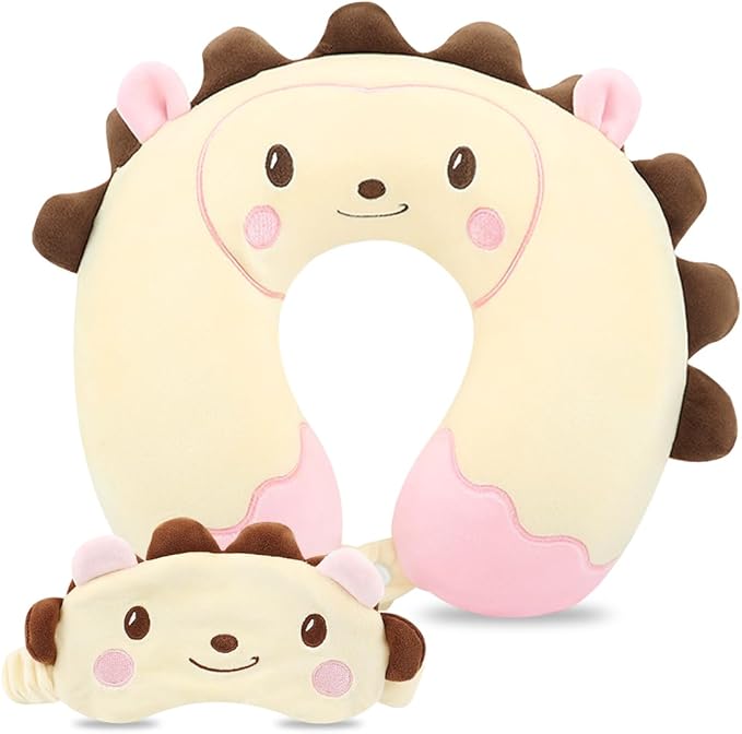 Sexysamba Travel Pillow for Kids Adults with Sleep Eye Mask Cute Cartoon U Shaped Memory Foam Neck Pillows for Travel Head Rest & Neck Support for Airplane, Car, Office Sleeping, Cream Hedgehog
