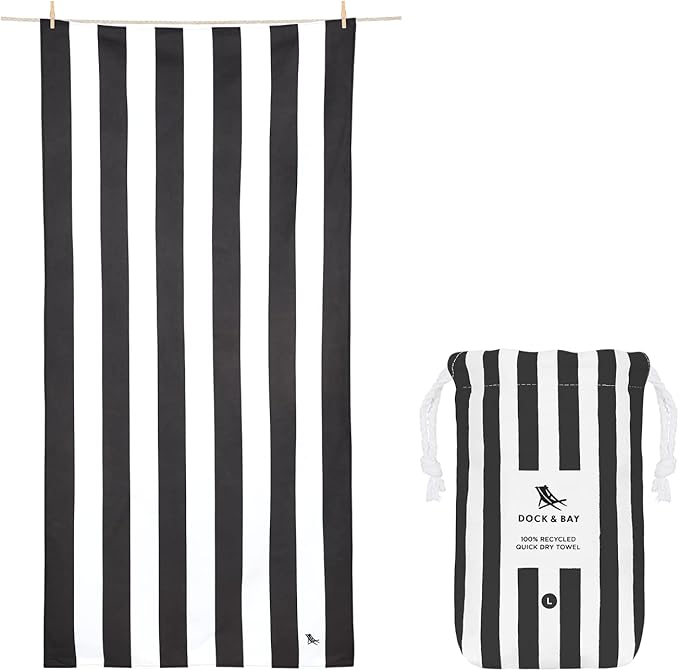Dock & Bay Beach Towel - Quick Dry, Sand Free - Compact, Lightweight - 100% Recycled - Includes Bag - Cabana - Kamari Charcoal - Extra Large (200x90cm, 78x35)