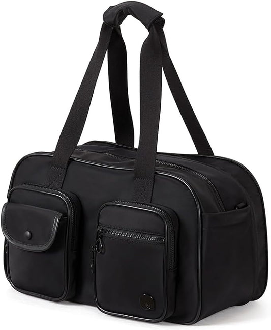 Aji Expandable Travel Duffel Bag, Elegant Black Duffle Bag for Travel with Wet Pocket, Carry on Weekender Bags for Men Women, Water Resistant Gym Duffel Bag Sport Bag