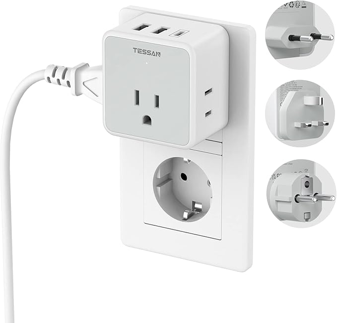 TESSAN All European UK Travel Plug Adapter Kit, International Detachable with 3 Outlet 3 USB Charger (1 USB C), Type C/G/E/F EU Ireland Power Adaptor, US to Europe Italy Spain France Greece