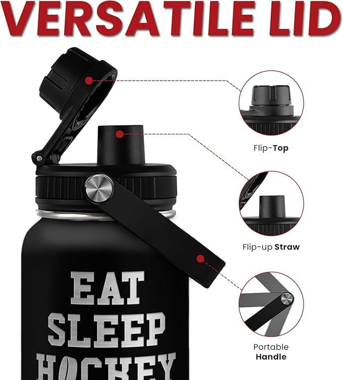 Ice Hockey Insulated Engraved Stainless Steel Water Bottle 32oz, Vacuum Chug Lid Travel Tumbler For Men Friends Hockey Lovers Fans Coaches, Gift for Birthday Christmas