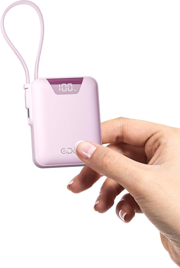 Mini Portable Charger, 10000mAh Ultra-Compact Power Bank, 22.5W PD Fast Charging, Tpye-C Built-in Cable, Small Size External Battery Pack for iPhone, Samsung, Android iPad (Pink)