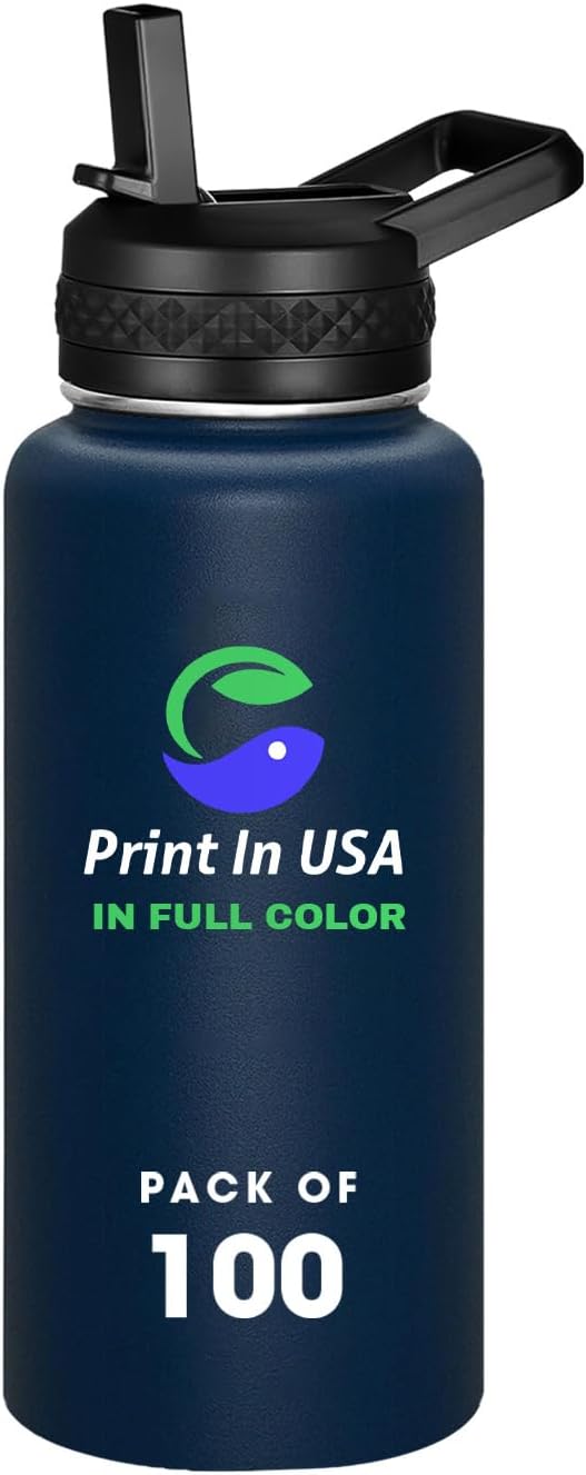 Personalized Custom Print in USA Water Bottle 100Pcs 32oz Stainless Steel Double Wall Coffee Cup with Lid & Straw Insulated Tumbler with Colorful Text Logo Photo