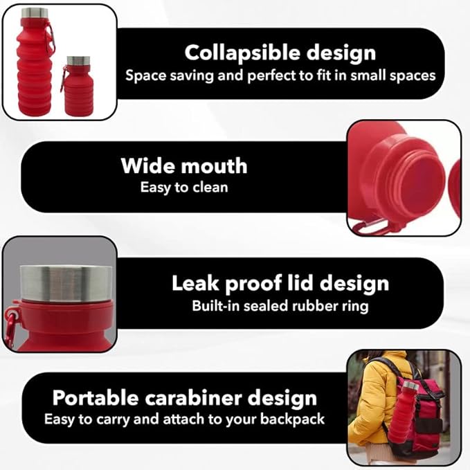 Collapsible Water Bottle (Red) Reusable, BPA Free, Silicone, Foldable Portable & Leak Proof - Water Bottles for Travel Gym Camping Hiking - Sports Water Bottle with Carabiner
