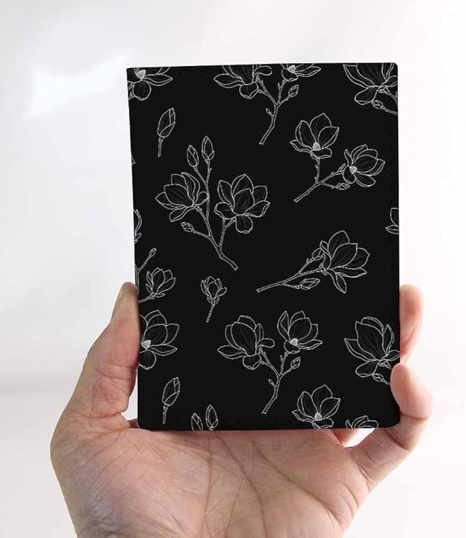 Magnolia Passport Holder for Travel Japanese Black White Line Flower PU Leather Passport Cover Wallet Cute Passport Card Holder for Women and Men