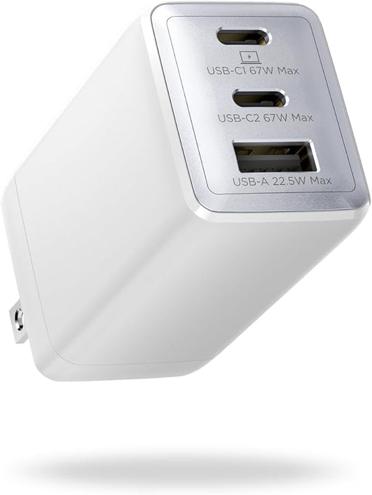 67W USB C Charger, 3-Port GaN Fast Charging Block with Foldable Plug, Compatible with MacBook Pro/Air, iPad Pro, iPhone 16/15/Pro, Galaxy S25/S24, Note20, Pixel, Apple Watch, (White)