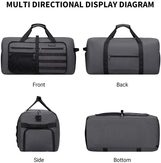 WITZMAN Foldable Duffle Bag for Travel 65L Lightweight Packable Duffel Bag with Shoes Compartment Overnight Bag for Men Women (B697 Silvery Grey)