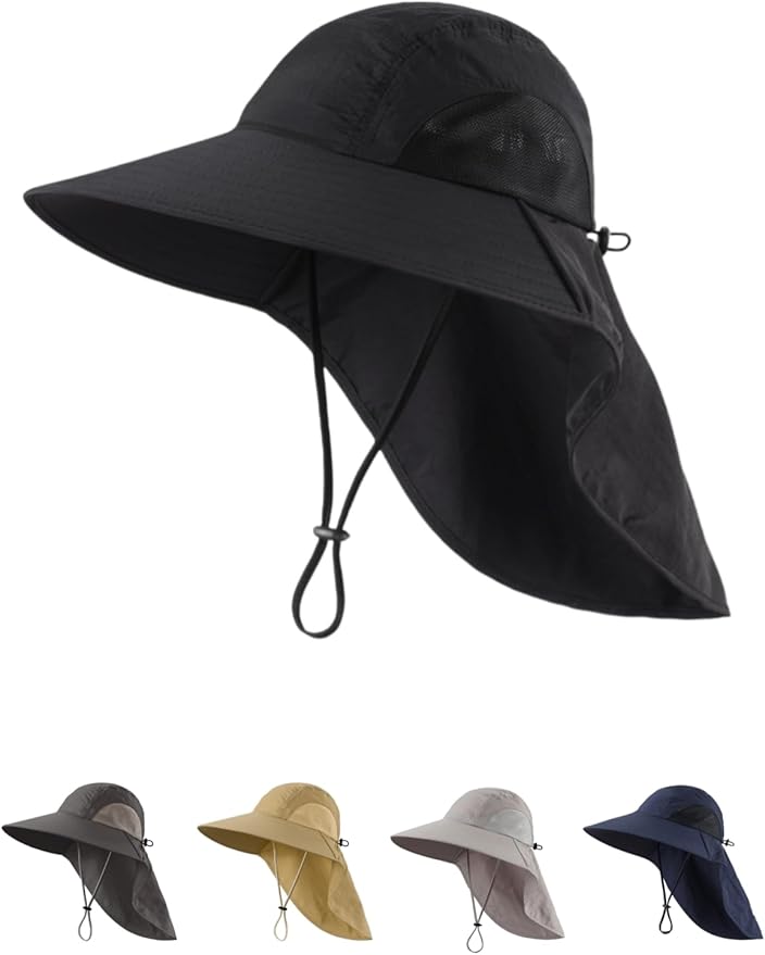 LLmoway Wide Brim Sun Hat with Neck Flap for Men Women Summer Outdoor UV Protection Breathable Fishing Hats with Strap