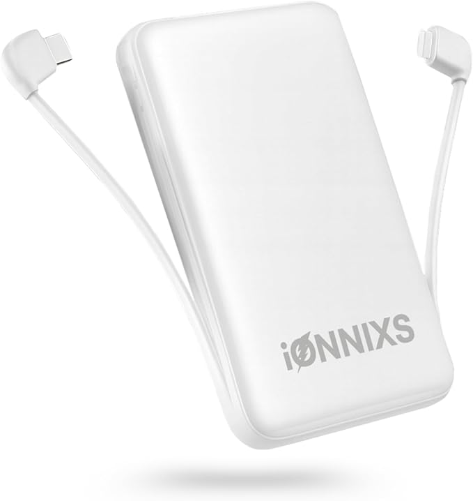 Portable Charger with Built in Cable - 10000mAh Ultra-Slim Portable Charger Power Bank with USB-C Cable, Lightning Cable - Fast Charge 20W - LED Battery Indicator, Power Bank (Gray, 10.000mAh)