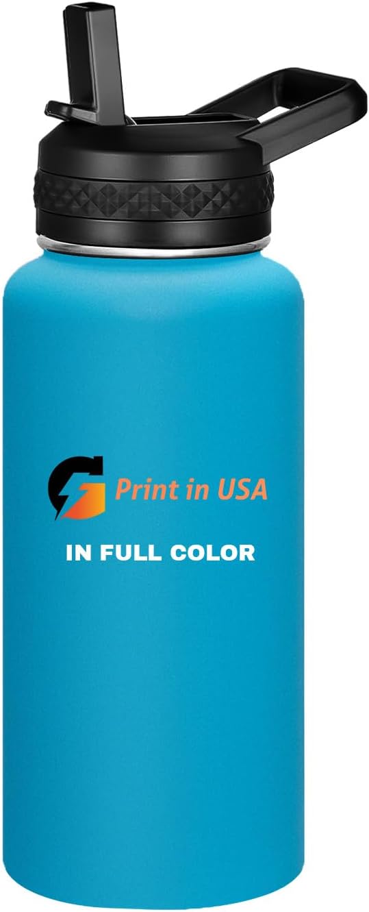 Personalized Custom Print in USA Water Bottle 32oz Stainless Steel Double Wall Coffee Cup with Lid & Straw Insulated Tumbler with Colorful Text Logo