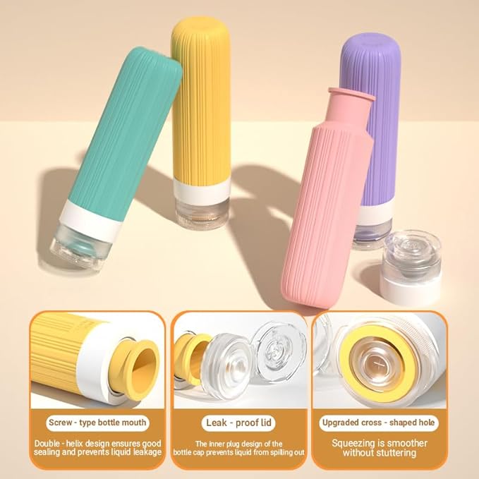 8-Piece Leakproof Travel Bottles and Jars Set – 4 Silicone Bottles + 4 Cream Jars with Clear Zipper Bag – TSA Approved Toiletry Containers – BPA-Free (Bright Colors)