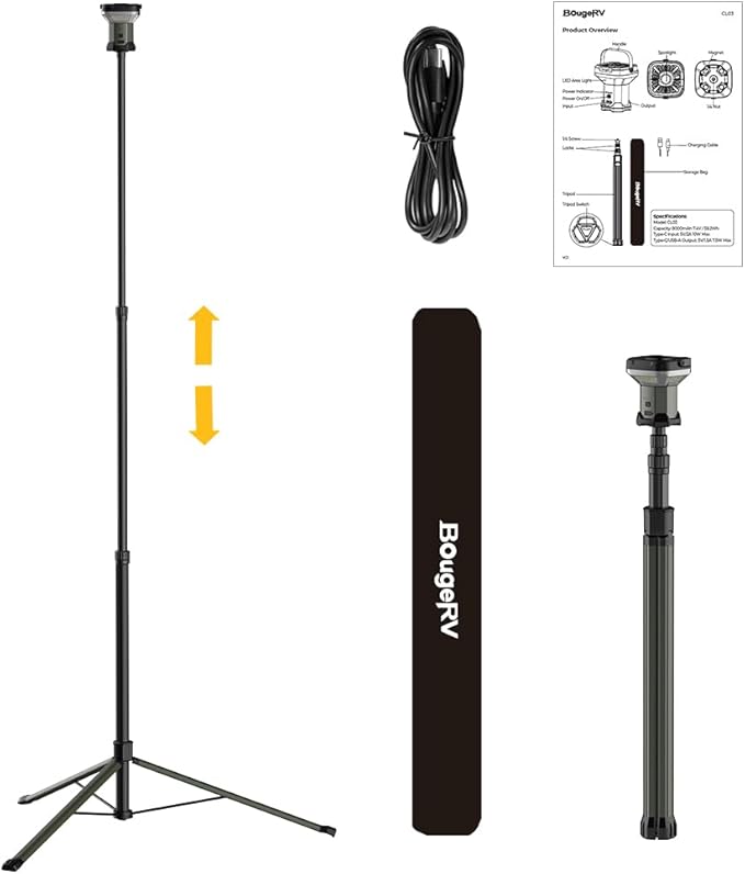BougeRV Telescoping Camping Light, 3200 Lumen Outdoor Lantern, 8000mAh LED Lantern, 7.55 Feet Tall, 90-Hour Runtion, Rechargeable Tent Lamp for Camping, Emergency, Hiking, Outdoor(Model: CL03)