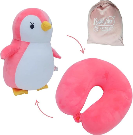 BelkVilo. 2 in1 Plush Penguin Travel Pillow – Pink Kids Travel Pillow for Airplane, Car, or Stroller | Extra-Soft Plush, Medium (12.2 in)