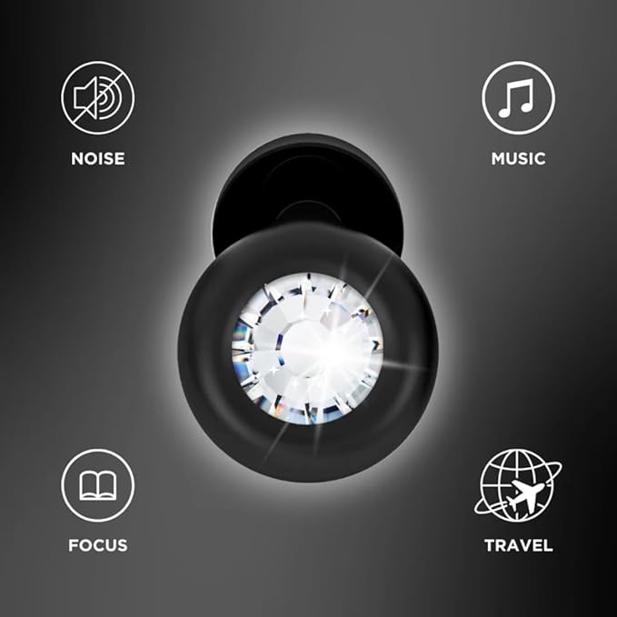 JING Eargems High Fidelity Concert Ear Plugs – Stylish Reusable Ear Protection for Concerts, Festivals, Travel & Sleeping – Crystal Rhinestone Noise Reduction Earplugs | Black