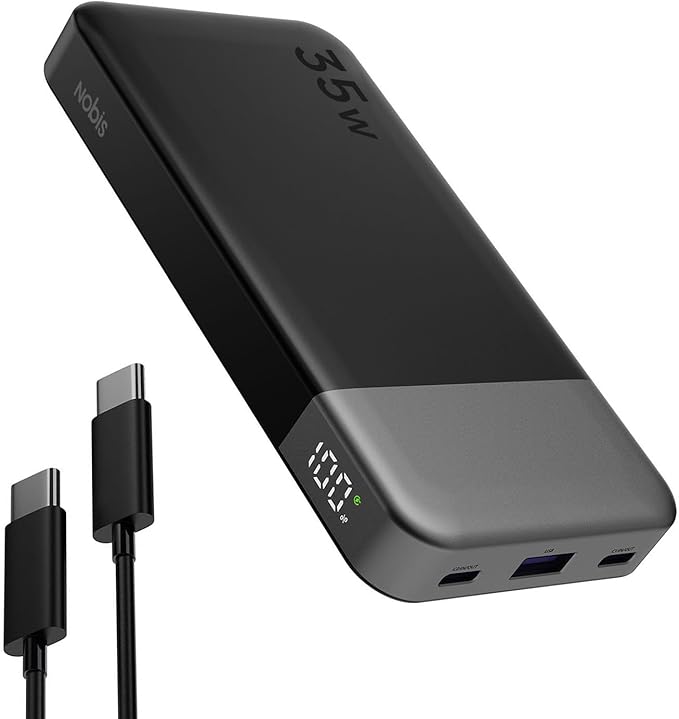 NOBIS Portable Charger, 10000mAh Power Bank Fast Charging, Battery Pack with C to C Cable, Battery Bank with Digital Display for iPhone iPad Android etc (Black, 35W)
