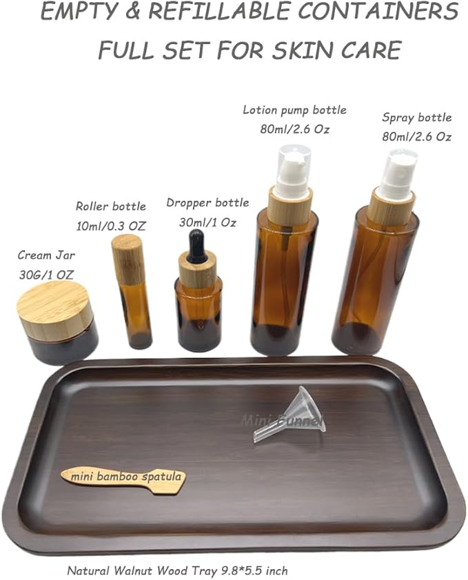 Empty Refillable Brown Glass Cosmetic Containers with Bamboo Cover - 5 Pack, Spray Bottle, Lotion Pump, Dropper, Roller Bottle, Cream Jar - Tray Included