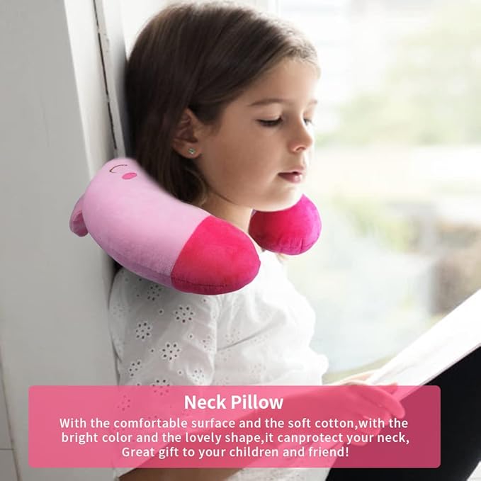 EKDJKK Travel Pillow for Kids, Cute Animal Neck Pillow Support U Shaped Cushion Plush Soft Rest Reading Pillow Sleeping Pillow for Airplane Train Car (Pink Pig)