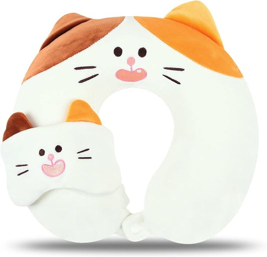 Kids Neck Pillow for Travel with Sleep Eye Mask, Cute Travel Neck Pillow, Memory Foam Flight Sleeping Headrest Pillow for Boys & Girls, Airplane, Train, Car, Home Use - Tricolor Cat